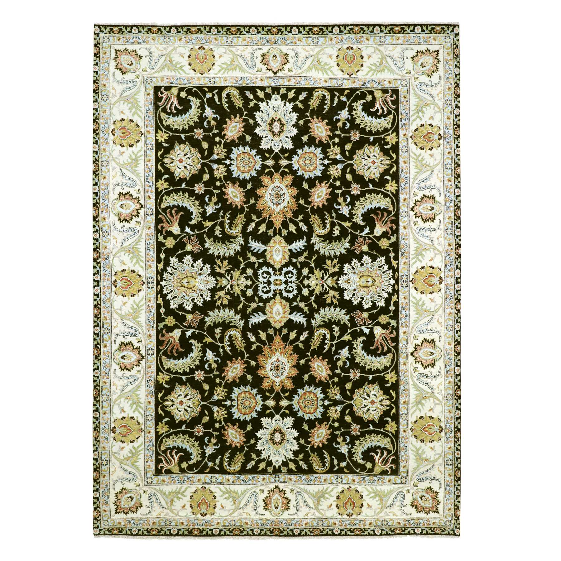 Caviar Black, Hand Knotted, Colorful Floral Motifs, Agra with Ziegler Design, Pure Wool, Vegetable Dyes, Oriental Rug